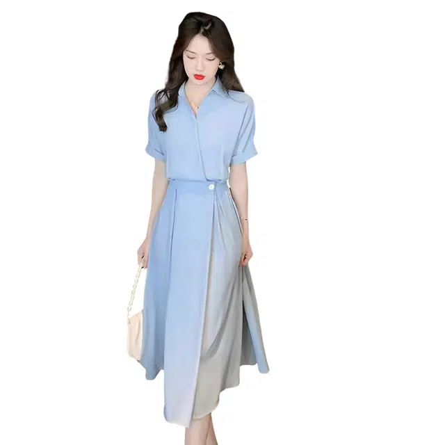 水中花 设计感衬衫裙收腰显瘦气质通勤舒适显瘦质感短袖连衣裙 女款