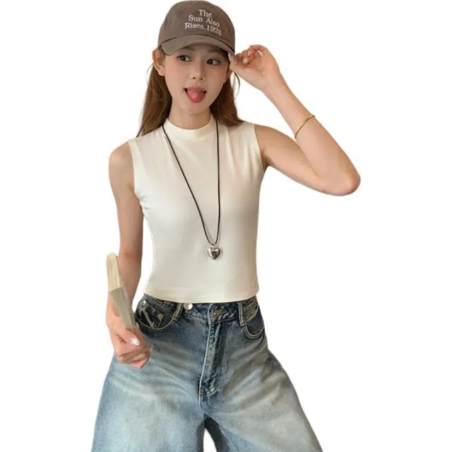 善己 小圆领吊带内搭休闲百搭螺纹坎肩齐腰短款背心 女款