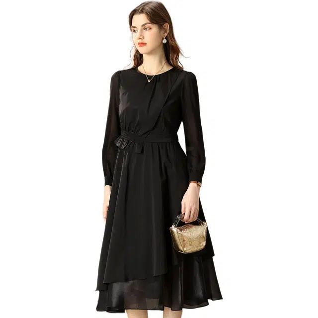 粉红玛琍 不对称设计纯色显瘦长袖连衣裙 女款 黑色