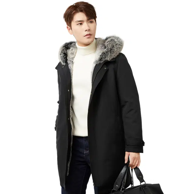 富铤 纯色内胆毛领保暖拉链防风中长款派克皮草 男款 黑色