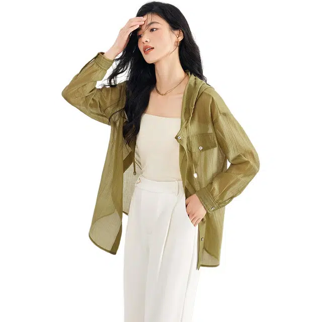 沫晗依美 纯色连帽短款舒适休闲长袖夹克外套 女款 黄绿色