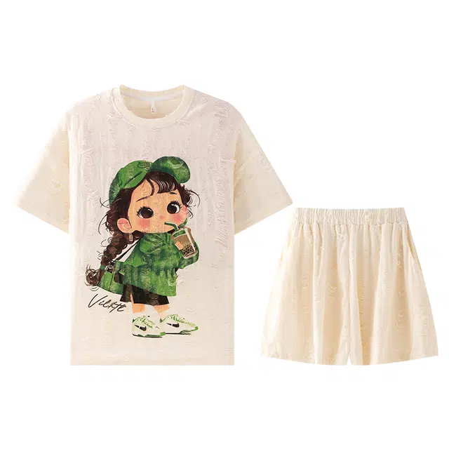 向薇 短袖女时尚大码圆领宽松女生家夏季可外穿家居服 睡衣套装 女款