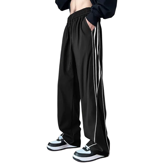 寻星记 美式复古高街基础款拼接条纹日常百搭宽松垂感拖地松紧腰系带中腰直筒运动高级感学院风侧边织带拼接撞色设计休闲裤 男女同款