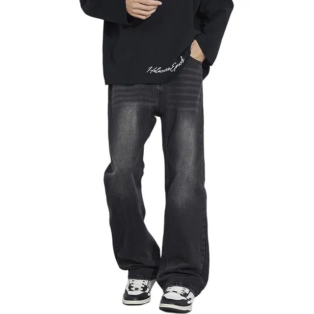 么宁 美式高街水洗宽松直筒简约百搭潮流时尚舒适透气个性痞帅休闲运动阔腿牛仔裤 男女同款