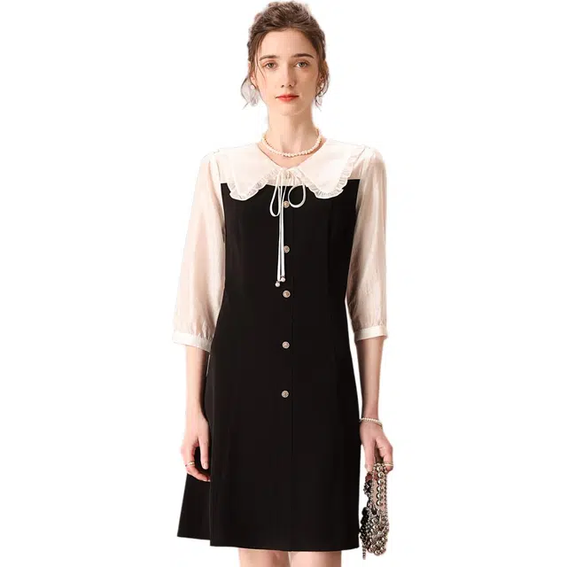 粉红玛琍 拼接修身中长款舒适休闲七分长袖连衣裙 女款 白色