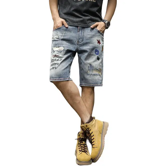 前进牛 美式嘻哈街头星星月亮刺绣破洞补丁修身直筒重工撞色水洗潮流牛仔短裤 男女同款