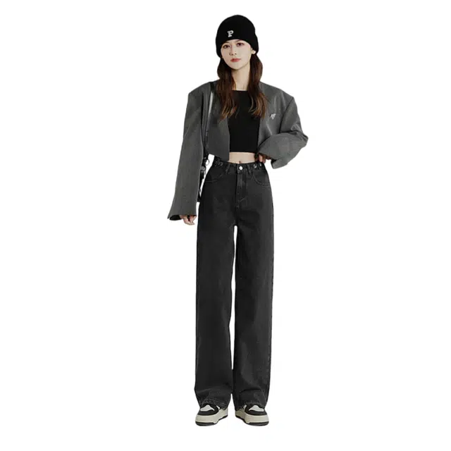 北极绒 直筒高腰阔腿裤小个子显瘦宽松拖地长裤子牛仔裤 女款