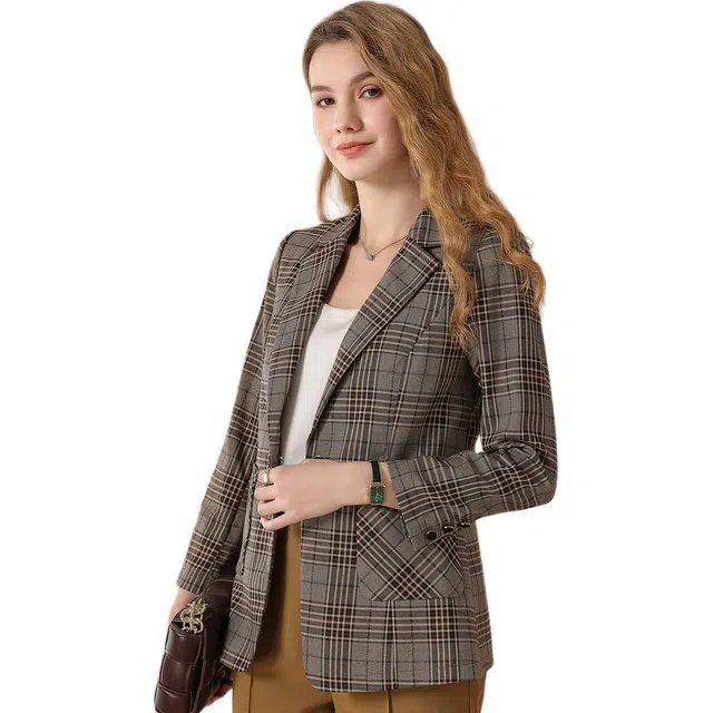 粉红玛琍 修身通勤简约西装 女款 咖格