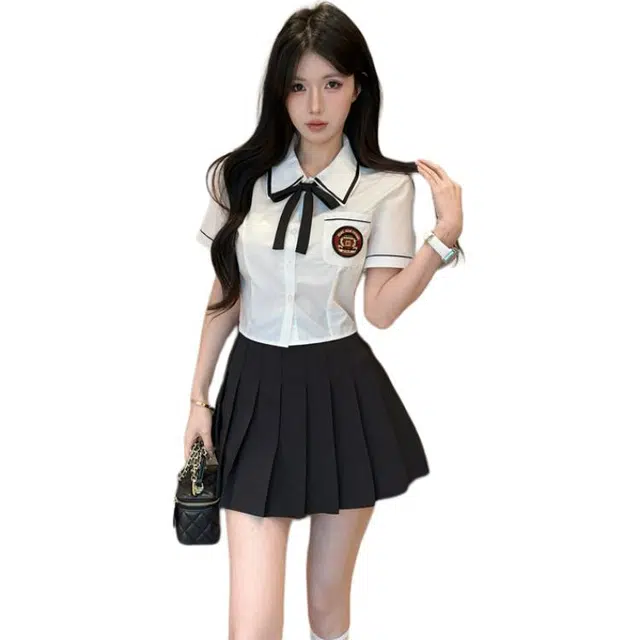 思蓓儿 制服女夏季甜辣妹短袖衬衫上衣显瘦高腰百褶裙裤两件套裙装套装 女款