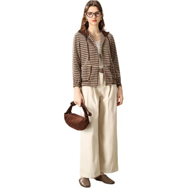 粉红玛琍 连帽简约舒适格子夹克 女款 咖色