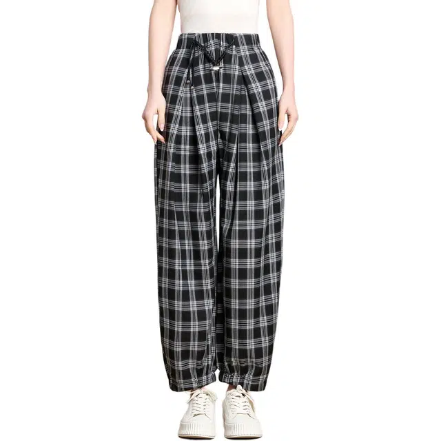 粉红玛琍 简约高腰显瘦宽松休闲裤 女款 黑白格