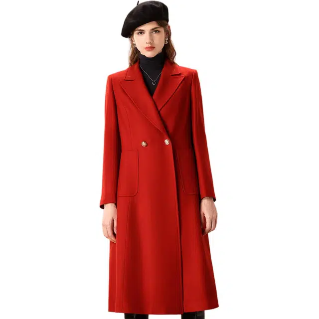 粉红玛琍 中长款西装领纯色长袖风衣 女款 红色