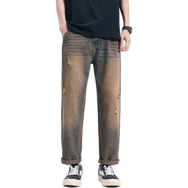 么宁 美式复古水洗做旧宽松直筒简约百搭舒适透气耐穿耐磨个性痞帅破洞牛仔裤 男女同款