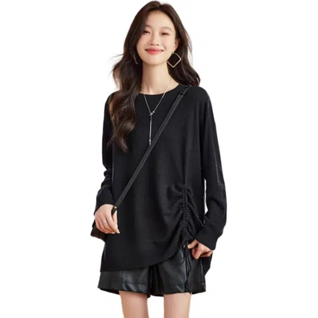 曲韩 纯色简约休闲针织衫 女款 黑色