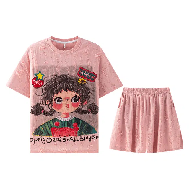 向薇 夏季女短袖短裤甜美可爱加大码宽松休闲可外穿家居服睡衣套装 女款