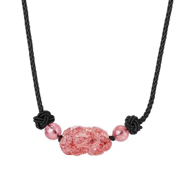 迷颂玛 新中式吉祥如意貔貅吊坠 时尚小众设计感搭配黑绳编织颈链 民族风高级感闺蜜同款仪式感简约项链 水晶 草莓晶编绳链 女款