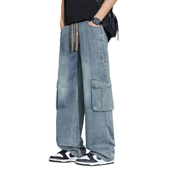 顶峰保罗 美式水洗复古多口袋休闲无性别主义痞帅宽松大码直筒高街松紧系带潮牌透气柔软显高显瘦阔腿牛仔裤 男女同款