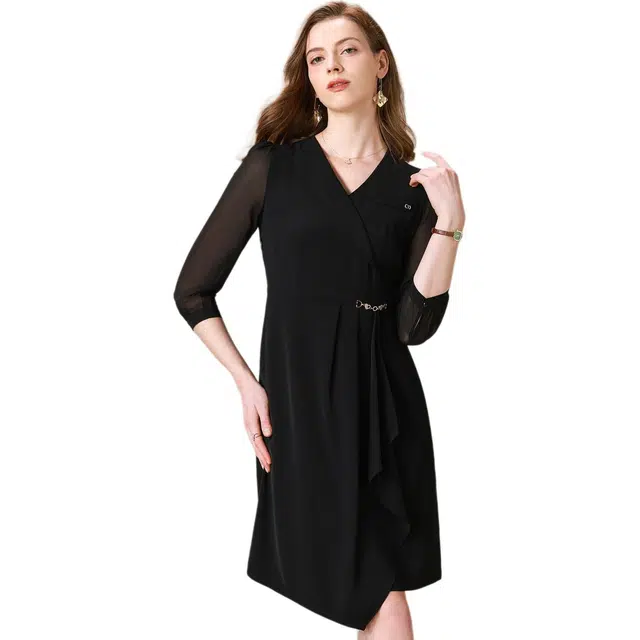 粉红玛琍 纯色西装领简约长袖连衣裙 女款 黑色