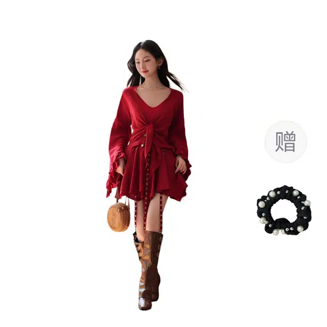 雾闪闪 新疆沙漠旅拍民族风废土风长袖上衣辣妹半身裙裙装套装 女款