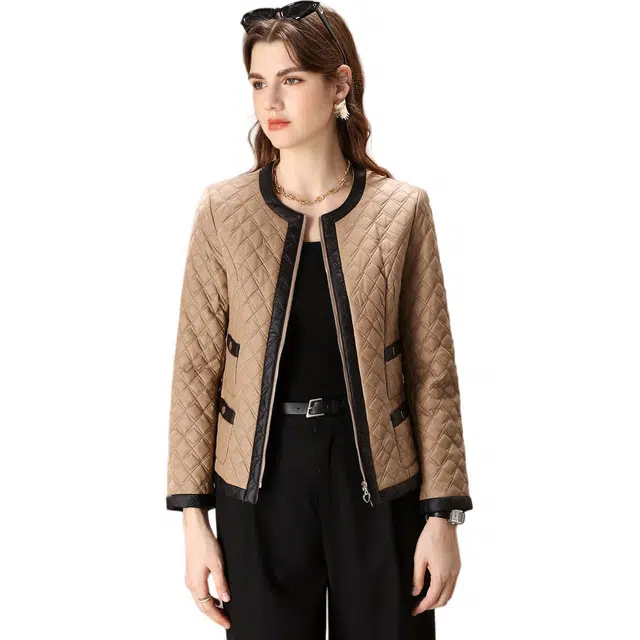 粉红玛琍 撞色圆领拉链修身长袖棉服 女款 卡其