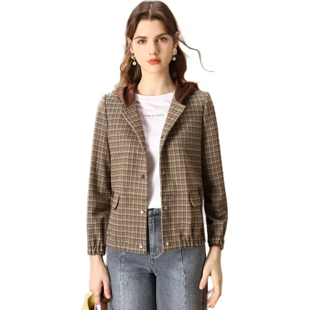 粉红玛琍 连帽简约舒适拼接长袖夹克 女款 咖色