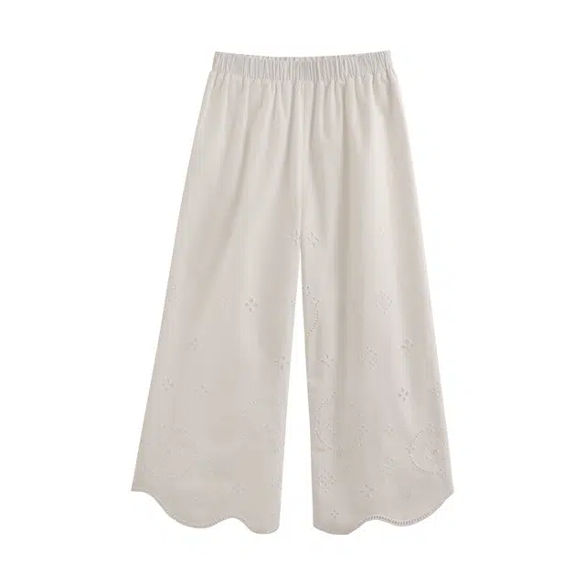 花栗鼠小姐 法式甜美镂空绣花设计裤子纯色简约宽松舒适日常通勤百搭透气时尚潮流薄款阔腿垂感休闲裤 女款