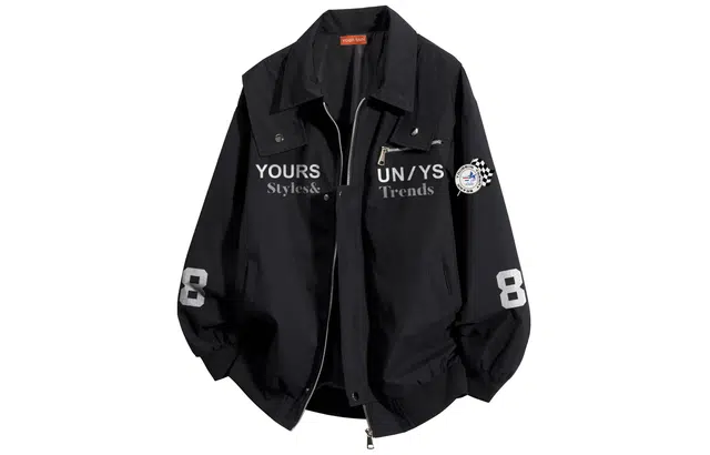 宜而爽 美式潮流街头创意袖标旗帜图案字母数字印花纯色基础工装机能风披肩拼接设计翻领拉链休闲宽松百搭防风保暖长袖夹克外套 男女同款