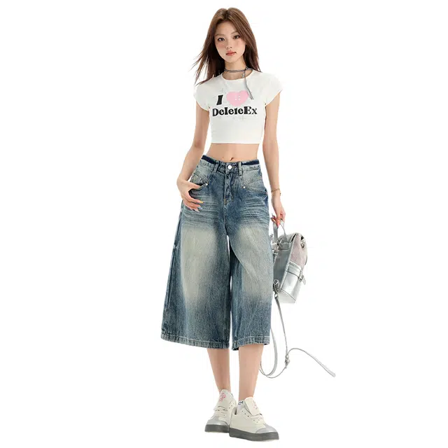 玫丝朵 美式复古学院风高腰宽松阔腿七分牛仔短裤 女款