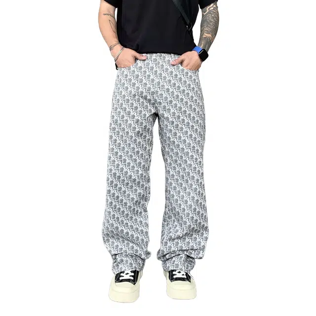 帝狼牛 美式复古高街满印提花显高显瘦百搭潮流痞帅直筒阔腿宽松休闲牛仔裤 男女同款