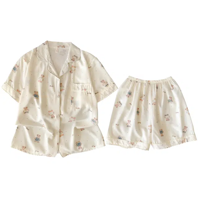 俏韵 翻领卡通夏季简约甜美可爱短袖短裤夏天舒适薄款家居服可外穿睡衣套装 女款