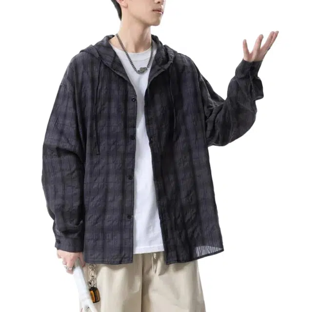 冈哉 美式高街轻薄微褶皱连帽宽松衬衣格子拼接小众设计开衫透气凉爽舒适长袖衬衫 男女同款