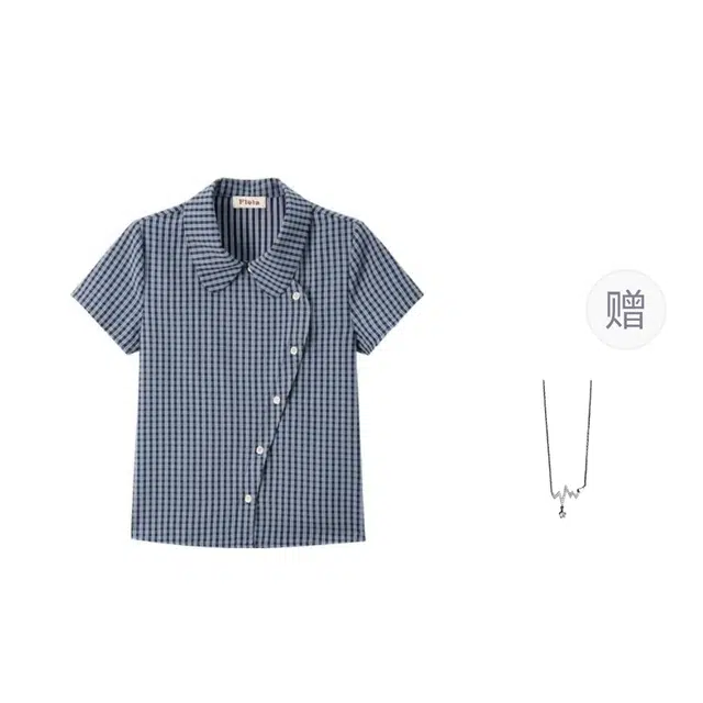 识恩 不规则纽扣娃娃领女夏季修身显瘦格子上衣正肩设计感小众短袖衬衫 女款