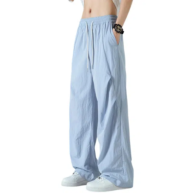 顶峰保罗 无性别主义褶皱冰丝薄款速干亲肤透气时尚百搭宽松直筒垂感美式阔腿长裤弹力潮牌高街运动休闲裤 男女同款