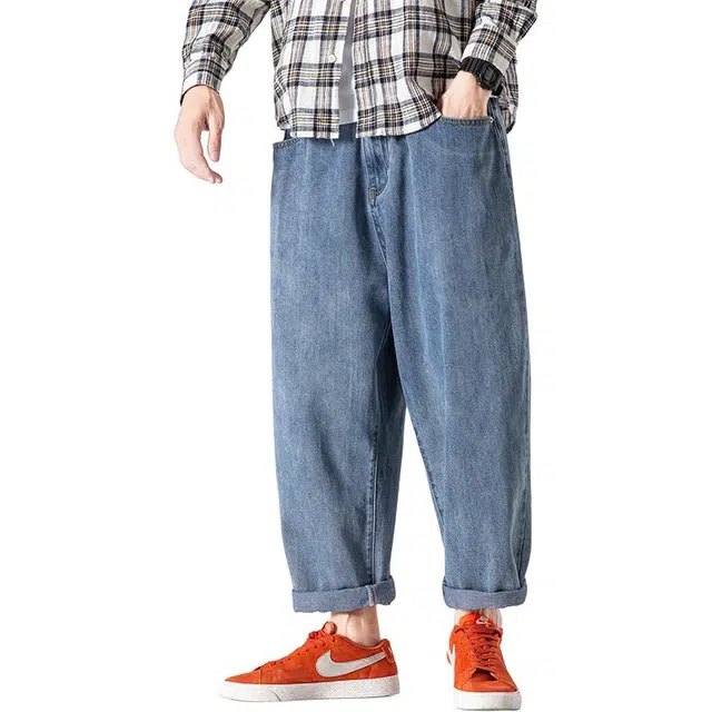 顶峰保罗 高街港风宽松直筒哈伦复古百搭大码牛仔裤 男女同款 牛仔蓝