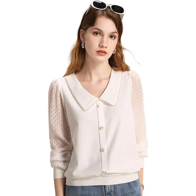 粉红玛琍 钉珠拼接娃娃领长袖衬衫 女款 白色