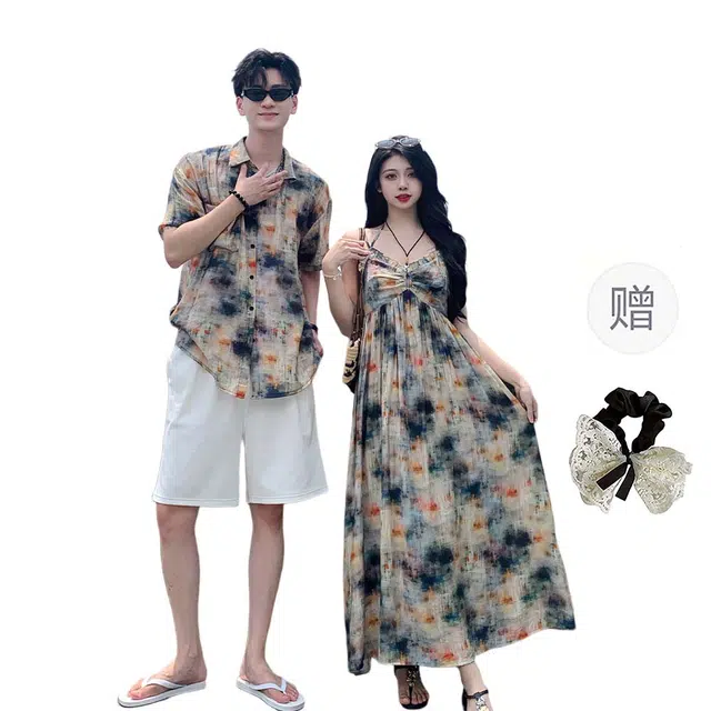 涂诗菲 法式复古海边度假风慵懒晕染撞色连衣裙上衣短袖衬衫一裙一衣情侣套装