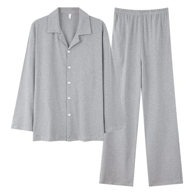 俏韵 翻领春秋季长袖长裤开衫休闲纯色简约风薄款舒适家居服可外穿睡衣套装 男款