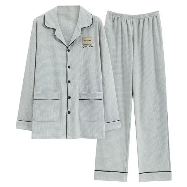 俏韵 翻领秋春季长袖长裤开衫休闲简约薄款舒适家居服可外穿睡衣套装 男款