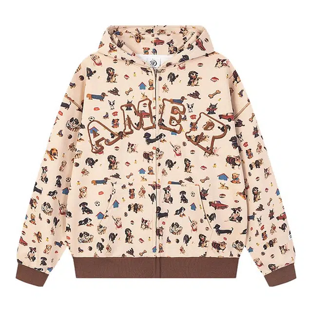 花蔓色 美式复古狗狗满印耳朵连帽宽松休闲辣妹开衫卫衣 女款