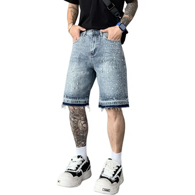 帝狼牛 美式潮牌复古做旧满天星烫钻工艺宽松直筒牛仔短裤 男女同款
