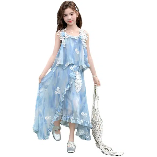 天才小熊休闲运动套装 女童夏季大童潮牌小孩衣服 小女孩 蕾丝花朵 洋气时髦 漂亮 甜美