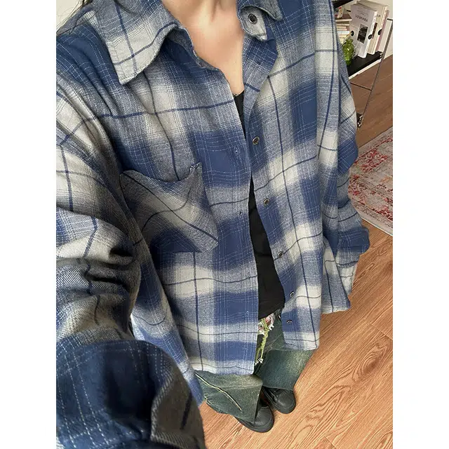 佑麟 美式复古做旧渐变设计高级感格纹衬衫长袖宽松情侣格子衬衣外套上衣  男女同款