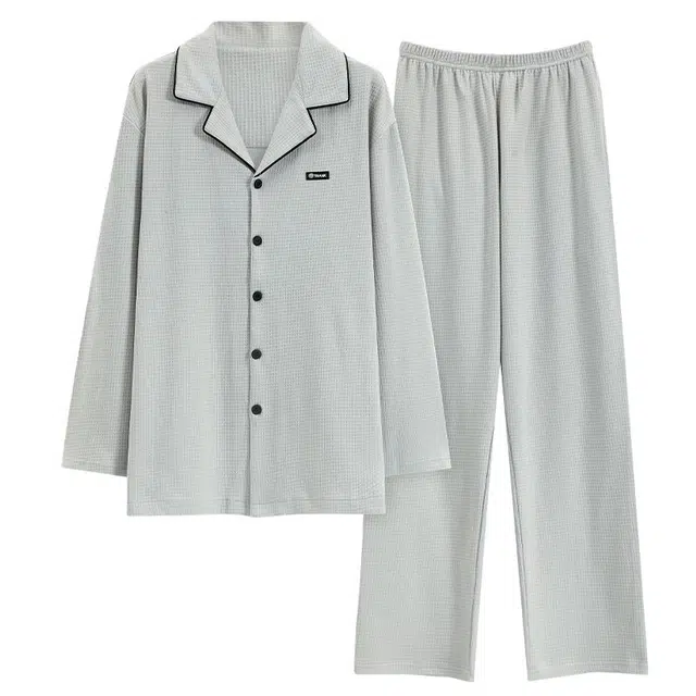 俏韵 翻领秋春季长袖长裤开衫休闲简约薄款家居服可外穿睡衣套装 男款