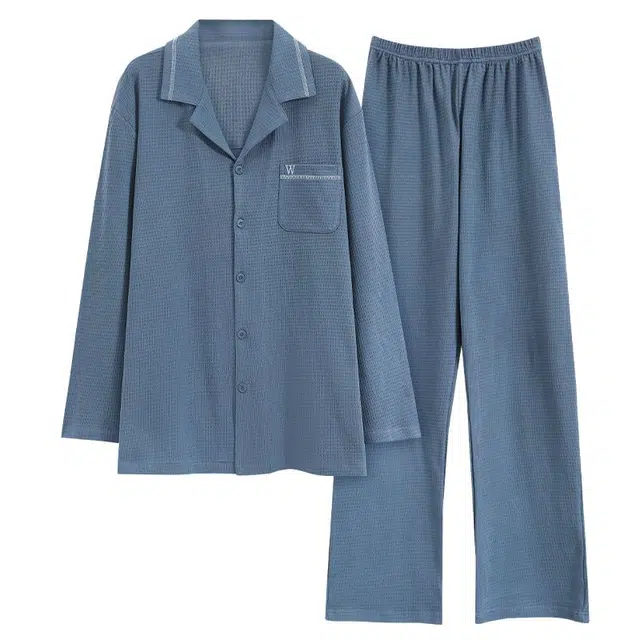 俏韵 翻领秋春季长袖长裤开衫休闲简约风薄款舒适家居服可外穿睡衣套装 男款