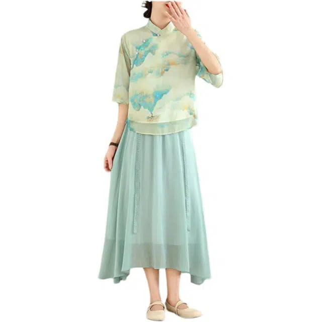 丝絮丝绸 新中式民国风文艺典雅设计旗袍五分袖上衣百搭半身裙裙装套装 女款