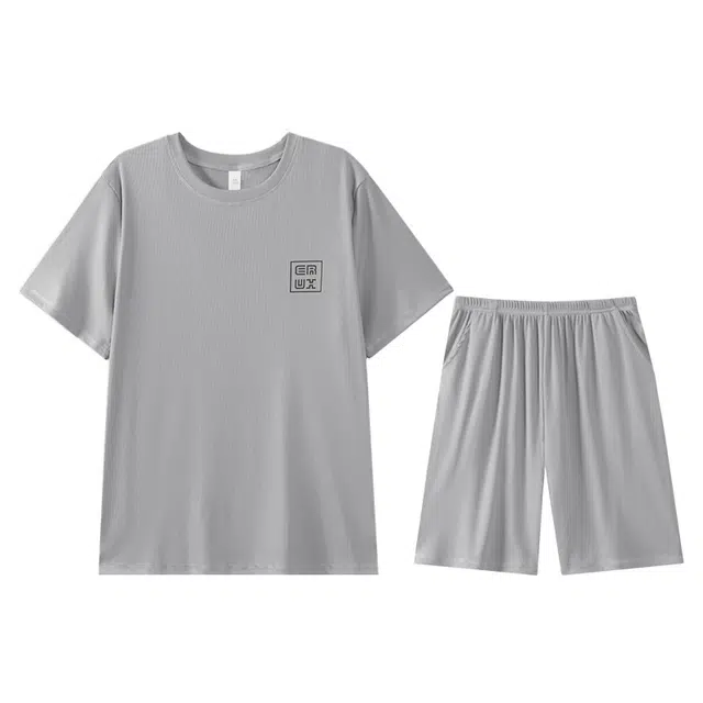 向薇 可外穿男士夏季天薄款冰丝螺纹短袖青少年家居服  睡衣套装 男款