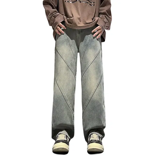 佐菲利 美式复古拼接工装高级感炸街痞帅裤子直筒阔腿裤牛仔裤 男女同款