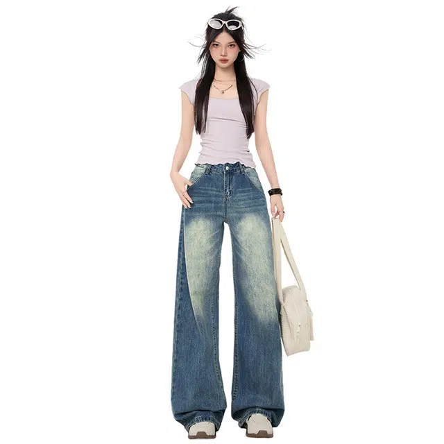 玫丝朵 美式复古高街风高腰宽松阔腿牛仔裤 女款