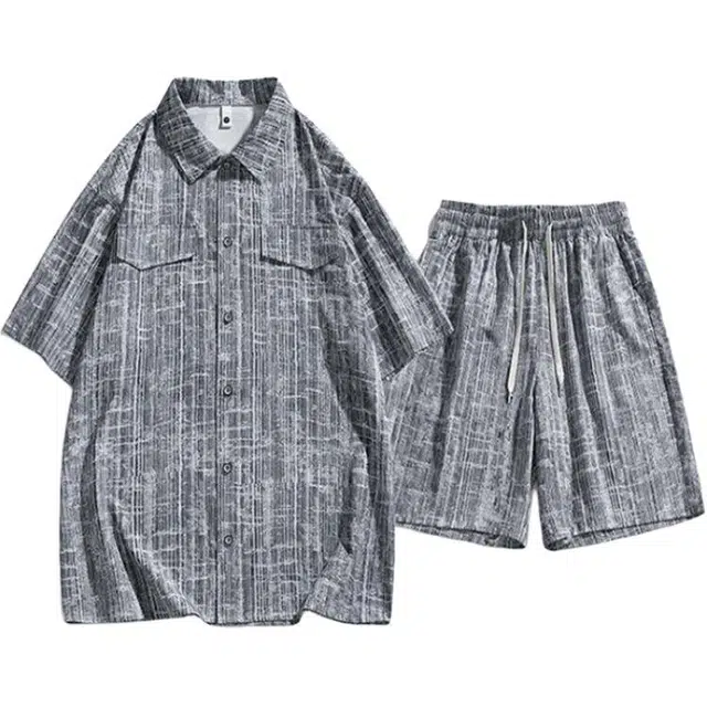 零氏 美式高街条纹拼接多巴胺色系清爽百搭凉感速干翻领短袖上衣学院风沙滩裤日常通勤宽松短裤衬衫套装 男女同款