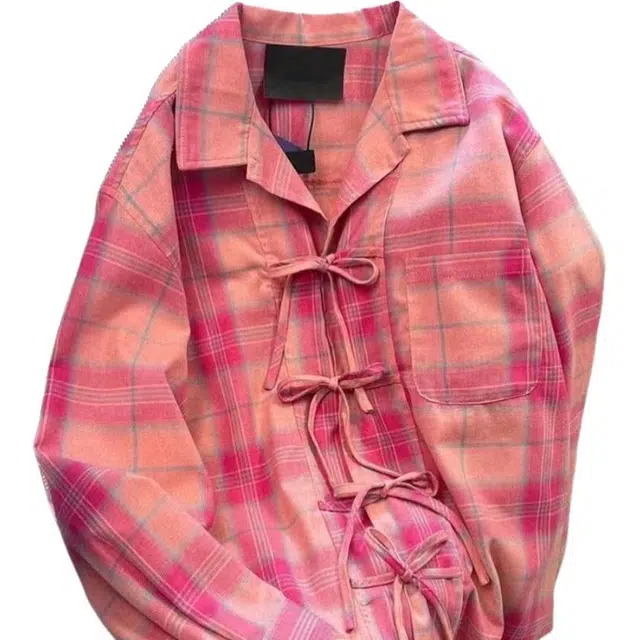 桴生 美式复古多巴胺格子洋气宽松长袖设计绑带衬衣外套潮衬衫 女款